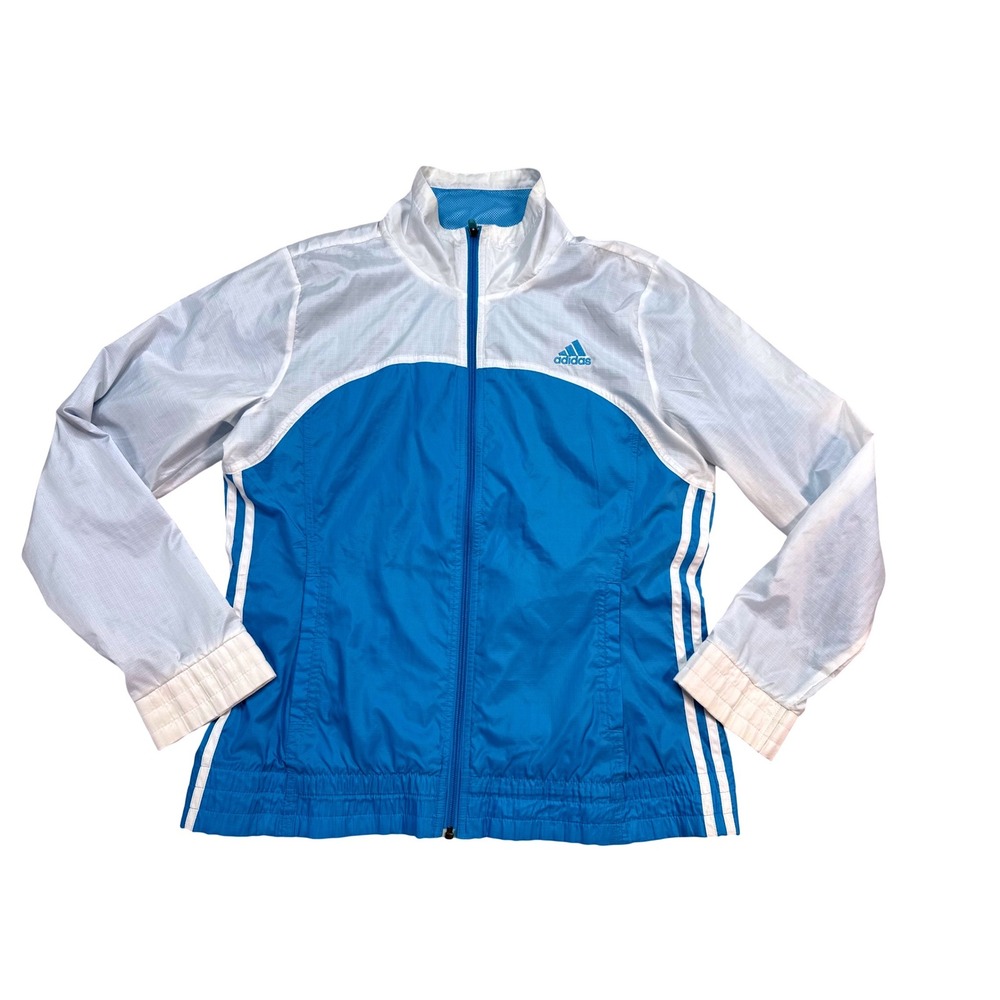 Adidas Windbreaker Jacket Womens L Blue Excellent Ripstop Full Zip Mesh Lining